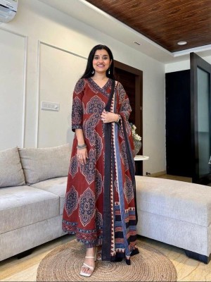 Red Printed Angrakha Style Anarkali Kurta Kurti Pant Dupatta Set Gown Dress Salwar Kameez (Set of 3)