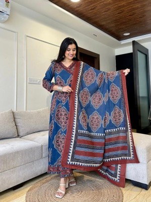 Blue Printed Angrakha Style Anarkali Kurta Kurti Pant Dupatta Set Gown Dress Salwar Kameez (Set of 3)