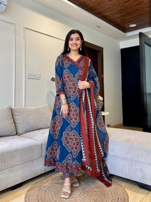 Blue Printed Angrakha Style Anarkali Kurta Kurti Pant Dupatta Set Gown Dress Salwar Kameez (Set of 3)