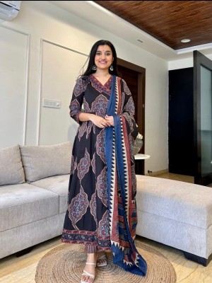 Black Printed Angrakha Style Anarkali Kurta Kurti Pant Dupatta Set Gown Dress Salwar Kameez (Set of 3)