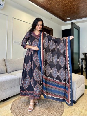 Black Printed Angrakha Style Anarkali Kurta Kurti Pant Dupatta Set Gown Dress Salwar Kameez (Set of 3)