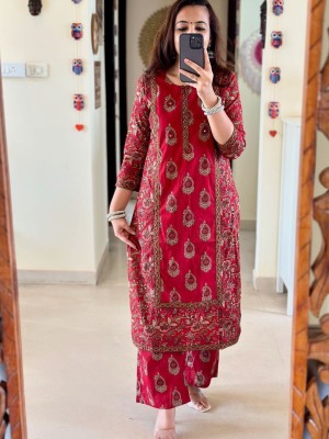 Roshni Red Color Designer Indian Pakistani Straight Salwar Kameez Kurti Pant Set for Women - Set of 3