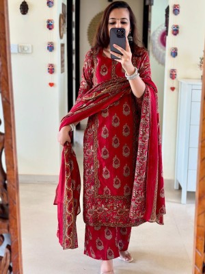 Roshni Red Color Designer Indian Pakistani Straight Salwar Kameez Kurti Pant Set for Women - Set of 3