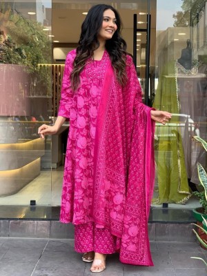 Pink Floral Printed V-Neck Anarkali Kurta Kurti Pant Dupatta Set Gown Dress Salwar Kameez (Set of 3)