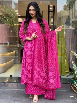 Pink Floral Printed V-Neck Anarkali Kurta Kurti Pant Dupatta Set Gown Dress Salwar Kameez (Set of 3)