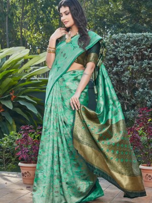 Turquoise & Green Festive Collection Stylish Banarasi Silk Saree Jacquard Art Indian Traditional Party Wear