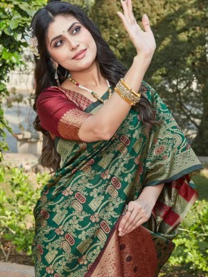 Green Traditional Wear Banarasi Silk Jacquard Saree Stylish Ethnic Indian Drape with Matching Blouse Piece