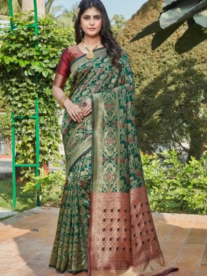 Green Traditional Wear Banarasi Silk Jacquard Saree Stylish Ethnic Indian Drape with Matching Blouse Piece