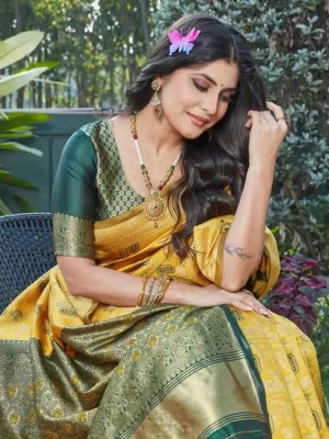 Yellow & Green Premium Banarasi Silk Jacquard Art Saree Traditional Wear Indian Fabric Saree with Blouse Piece