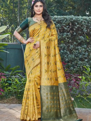 Yellow & Green Premium Banarasi Silk Jacquard Art Saree Traditional Wear Indian Fabric Saree with Blouse Piece