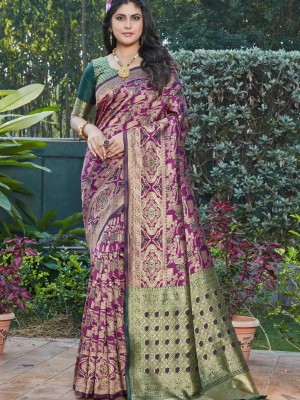 Purple & Green Jacquard Art Banarasi Silk Saree Premium Indian Traditional Wear Ethnic Look with Blouse Piece