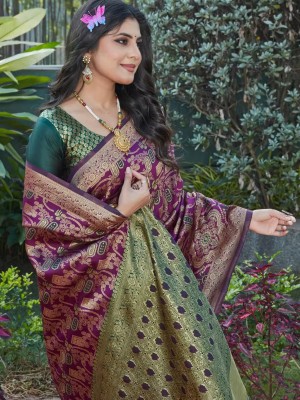 Purple & Green Jacquard Art Banarasi Silk Saree Premium Indian Traditional Wear Ethnic Look with Blouse Piece
