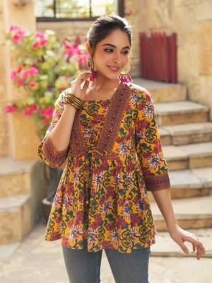 Mustard Designer Floral Printed Short Kurti Tunic Top for Women