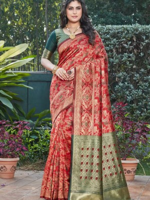 Red & Green Luxurious Pure Banarasi Silk Jacquard Woven Designer Saree Traditional Indian Festive Wear Saree