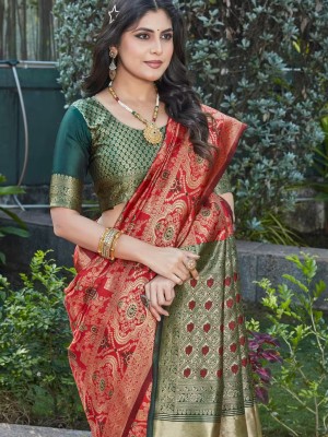 Red & Green Luxurious Pure Banarasi Silk Jacquard Woven Designer Saree Traditional Indian Festive Wear Saree