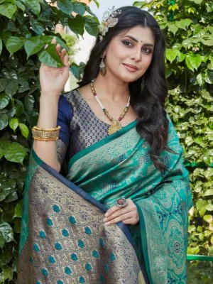 Sea Green & Blue Authentic Banarasi Silk Jacquard Work Saree with Unstitched Brocade Blouse Piece