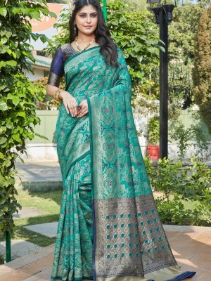 Sea Green & Blue Authentic Banarasi Silk Jacquard Work Saree with Unstitched Brocade Blouse Piece