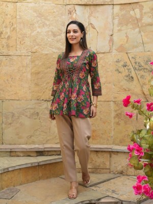 Green Designer Floral Printed Short Kurti Tunic Top for Women