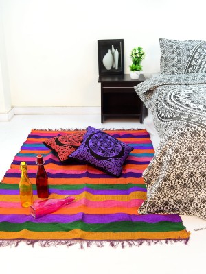 Striped Patterned Authentic Indian Recycled Fabric Chindi Area Rug in Vibrant Colors Ideal for Boho Decor