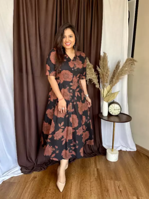 Black & Red Floral Printed Everyday Wear Half Sleeves Flare Cotton Midi Collared Kurti Gown Dress For Women 