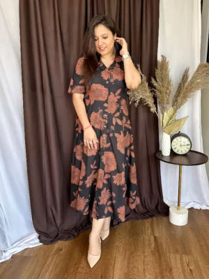 Black & Red Floral Printed Everyday Wear Half Sleeves Flare Cotton Midi Collared Kurti Gown Dress For Women 