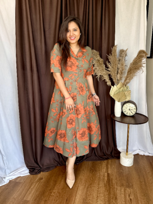 Green & Orange Floral Printed Everyday Wear Half Sleeves Flare Cotton Midi Collared Kurti Gown Dress For Women 