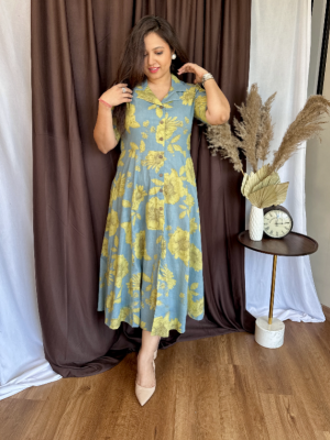 Light Blue Floral Printed Everyday Wear Half Sleeves Flare Cotton Midi Collared Kurti Gown Dress For Women 