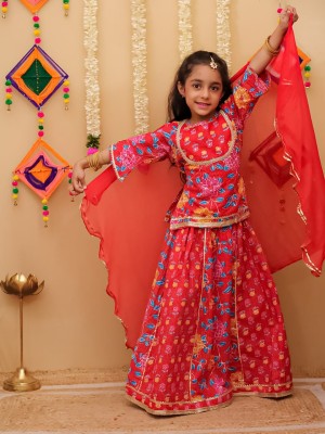 Red Floral Sanganeri Printed Indian Lehanga Set for Girl Cotton Kids Wear