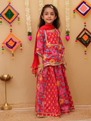 Red Floral Sanganeri Printed Indian Lehanga Set for Girl Cotton Kids Wear