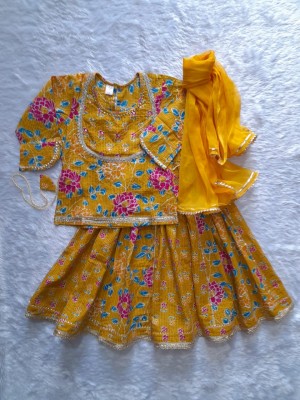 Green Floral Sanganeri Printed Indian Lehanga Set for Girl Cotton Kids Wear