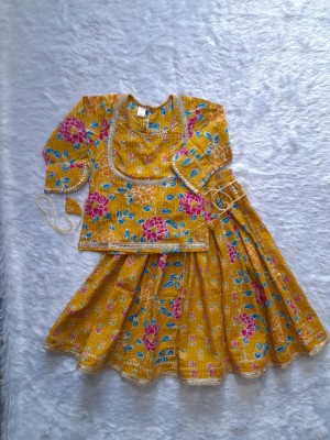 Green Floral Sanganeri Printed Indian Lehanga Set for Girl Cotton Kids Wear