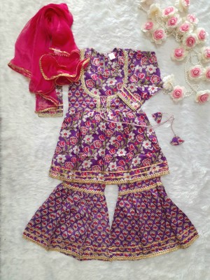 Blue Floral Sanganeri Printed Indian Kurti Sharara Set for Girl Cotton Kids Wear