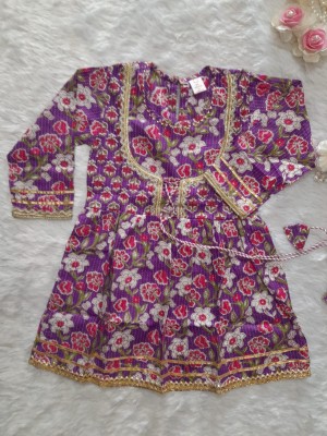Blue Floral Sanganeri Printed Indian Kurti Sharara Set for Girl Cotton Kids Wear