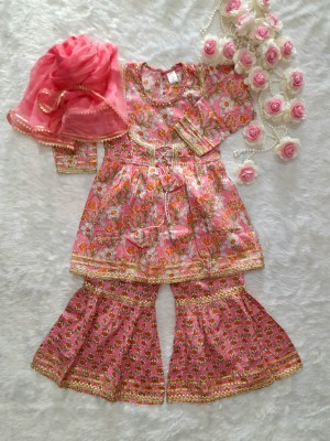 Pink Floral Sanganeri Printed Indian Kurti Sharara Set for Girl Cotton Kids Wear