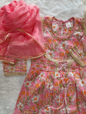 Pink Floral Sanganeri Printed Indian Kurti Sharara Set for Girl Cotton Kids Wear