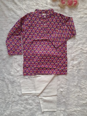 Blue Floral Sanganeri Printed Indian Kurta Pyjama Set for Boys Cotton Kids Wear