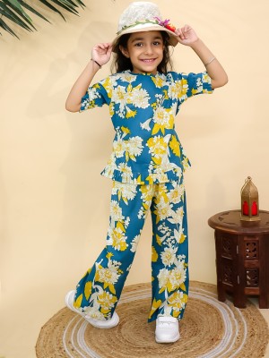 Teal Blue Floral Printed Co Ord Set for Girl Cotton Kids Wear