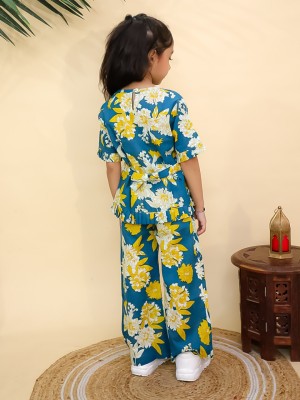 Teal Blue Floral Printed Co Ord Set for Girl Cotton Kids Wear