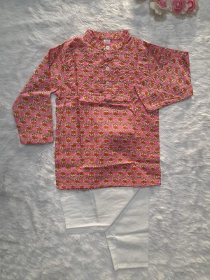 Pink Floral Sanganeri Printed Indian Kurta Pyjama Set for Boys Cotton Kids Wear