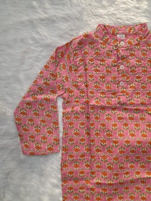 Pink Floral Sanganeri Printed Indian Kurta Pyjama Set for Boys Cotton Kids Wear