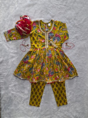 Yellow Cotton Floral Printed Indian Ethnic Kurti Pant Dupatta Set for Girl Kids Wear