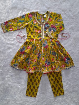 Yellow Cotton Floral Printed Indian Ethnic Kurti Pant Dupatta Set for Girl Kids Wear