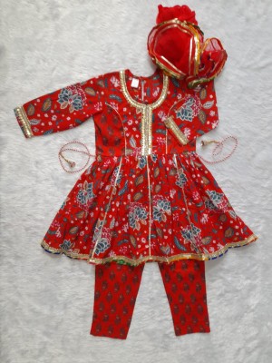 Red Cotton Floral Printed Indian Ethnic Kurti Pant Dupatta Set for Girl Kids Wear