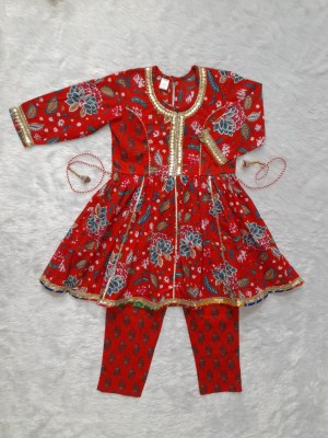 Red Cotton Floral Printed Indian Ethnic Kurti Pant Dupatta Set for Girl Kids Wear