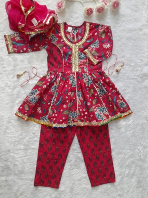 Pink Cotton Floral Printed Indian Ethnic Kurti Pant Dupatta Set for Girl Kids Wear