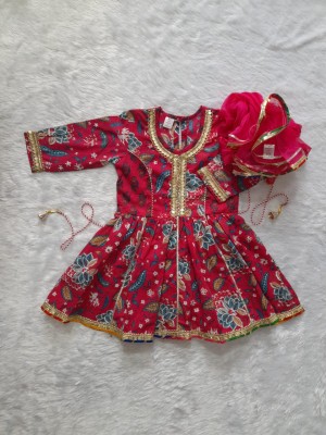 Pink Cotton Floral Printed Indian Ethnic Kurti Pant Dupatta Set for Girl Kids Wear