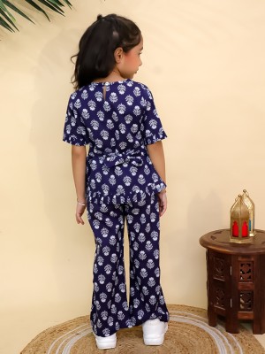 Blue Cotton Floral Printed Indian Ethnic Kurti Pant Co Ord Set for Girl Kids Wear