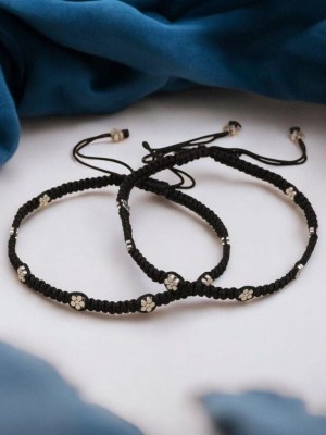 Dainty Flower Charms Black Adjustable Thread Work German Silver Daily Wear Anklets for Girls