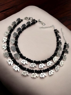 Gypsy Indian Elephant Charms Black Beads Anklet in Silver Replica Best for Dailywear