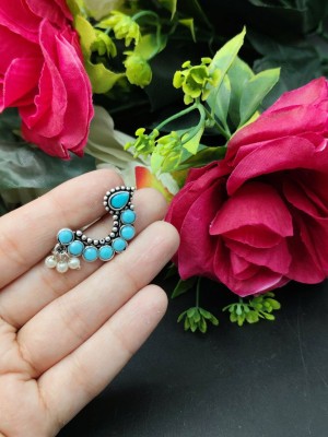 Stunning Oxidized Silver Marathi Nath Ethnic Stone Crafted Non-Piercing Nose Pin with Pearl Drops